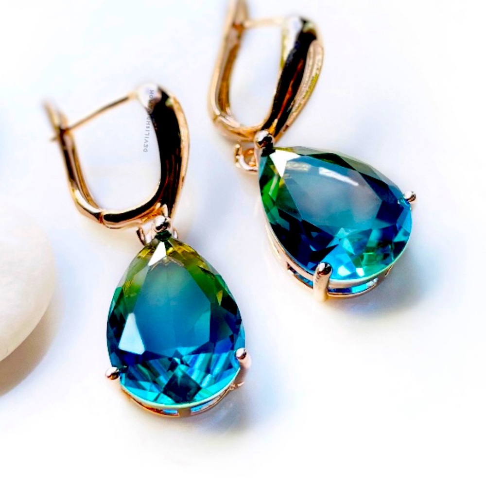Blue-Green Tourmaline Teardrop Dangle Hoop Earrings, NWT